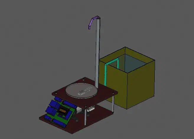 CAD rendering of a liquid dispenser prototype with a reservoir, dispensing spout, and controller